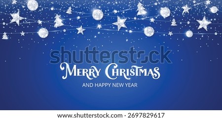 Blue Christmas background with silver lettering, glowing confetti and diamond ornaments. Magical winter night frame with snowflakes and glitter lights for festive holiday greeting design. Vector.