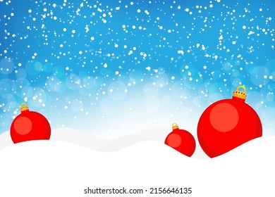 Blue Christmas background with snow and red balls. Vector illustration flat.