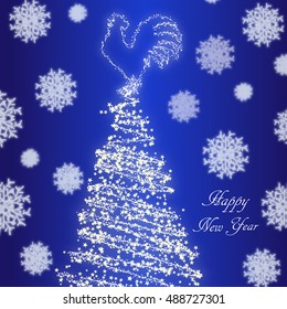 Blue Christmas background snowflake with christmas tree and rooster