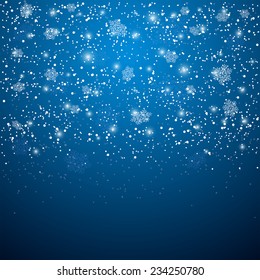 Blue Christmas background with snowflakes and blurry lights, illustration.