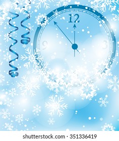 Blue Christmas background with snowflakes and clock