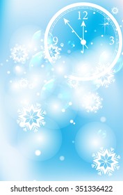 Blue Christmas background with snowflakes and clock