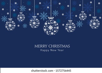 Blue Christmas background with snowflakes hanging. Vector design of winter holidays. Merry Christmas and Happy New Year greeting card.
