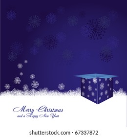 Blue christmas background with snowflakes and open gift box, vector illustration
