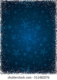 Blue christmas background with stars and  frame of snowflakes,  vector illustration