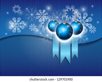 blue christmas background with three blue Christmas balls and white snowflakes