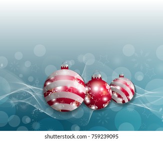 Blue Christmas background with three Christmas balls. Decorative red baubles for holiday design. Vector illustration.