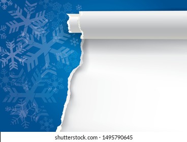 blue christmas background with torn paper. 
Illustration of ripped paper with snow flakes. Place for your text or image. Vector available.