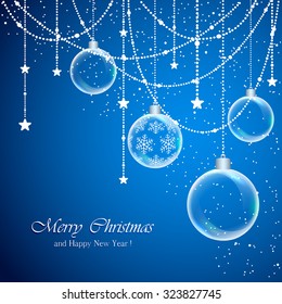 Blue Christmas background with transparent balls and decorations with stars, illustration.