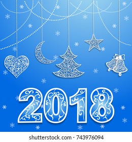 Blue christmas background with christmas tree, bell, heart, moon, star and snowflakes.2018 Happy New Year greeting card.