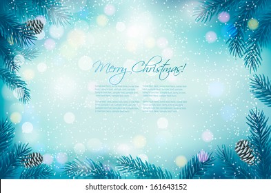 Blue Christmas background with tree branches and snowflakes. Vector. 