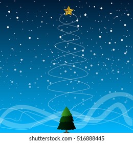 Blue christmas background with a tree and a star, Vector illustration