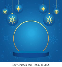 Blue Christmas background vector with hanging ornament ball decoration, snowflake pattern, and circular podium stage for holiday celebration, winter festive display design