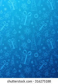 Blue Christmas background. Vintage ornate Christmas tree, Christmas decorations, Christmas balls, swirls, stars and snowflakes.