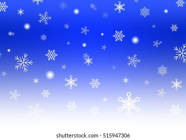 Blue Christmas background with white falling snowflakes and luminous wheels white stripe down. Winter backdrop with snowfall 