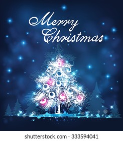 Blue Christmas background with white firs. Christmas greeting card.