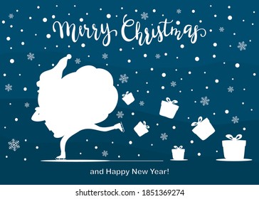 Blue Christmas background with white Santa silhouette with a bag of gifts. Santa on skates is rushing to the holiday. Illustration can be used for children's holiday design, cards, invitations, banner