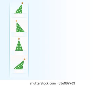 Blue Christmas background with a white sheet left with green Christmas tree with red and yellow star on top and white stars