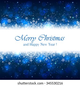 Blue Christmas background with white snowflakes and sparkling stars, illustration.