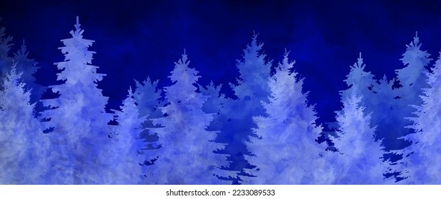 Fondo azul de Navidad con bosque de invierno para diseño de cubierta, tarjeta, volante, afiche. Fondo acuático de arte vectorial de invierno. Ilustración dibujada a mano. Pinceles textura acuarela. ¡Feliz Navidad!