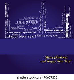 Blue christmas background with wish of Merry Christmas and Happy New Year on different languages, vector illustration