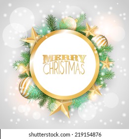 Blue christmas background with yellow ornaments and branches, vector illustration eps 10 with transparency and gradient meshes