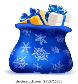 Saco de Natal azul com um padrão floco de neve, contendo várias caixas de presente com arcos, em fundo branco.