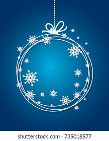 Blue Christmas Ball background with paper snowflakes. Christmas card flake. Xmas invitations template. Vector illustration