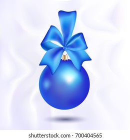 Blue Christmas ball with a blue bow and ribbon isolated on nice silk background.  Vector illustration.