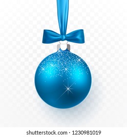 Blue Christmas ball with blue bow. Xmas glass ball on transparent background. Holiday decoration template. Vector illustration.