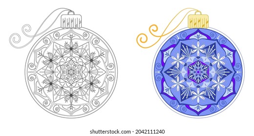 Blue Christmas ball with flowers and snowflakes on a white background. A decorative element for the design. Anti-stress coloring book for children and adults.