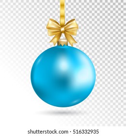 Blue Christmas ball with gold bow on transparent background. Holiday christmas toy for fir tree. Vector illustration.
