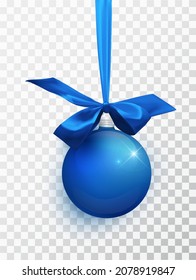 Blue Christmas ball hanging on a ribbon with a blue lush bow isolated on a transparent background. Xmas glass ball. Holiday decoration template. Vector illustration