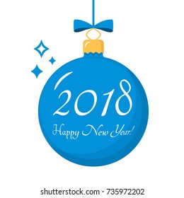 Blue Christmas ball with happy new year 2018 congratulation, vector eps10 illustration