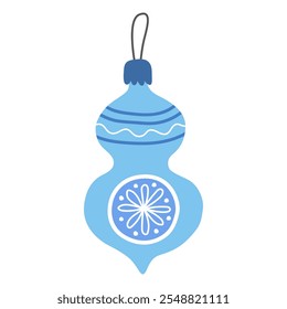 Blue christmas ball, icicle isolated on white. New Year's toy. Christmas tree decor. Cute cartoon illustration.	