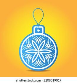 Blue Christmas ball isolated on orange background. Merry Christmas toy. Vector Happy New Year greeting card.