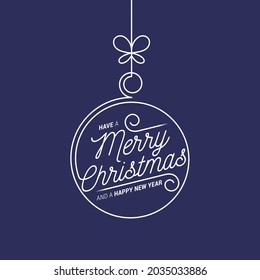 Blue Christmas Ball on Dark Background with white Modern Typography Greetings. Classy Card or Poster