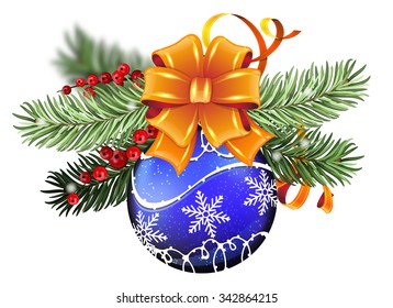 Blue Christmas ball with orange bow, winter berry and fir tree branches on white background