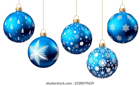 Bola azul de la Navidad con el modelo aislado en el fondo blanco. Decoración del árbol de Navidad con adorno. Conjunto de chucherías de Vector.