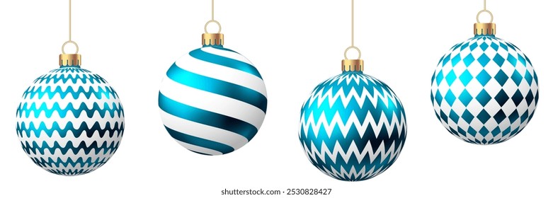 Blue  Christmas  ball  with pattern  isolated on white background. Xmas  tree decoration with ornament. Vector bauble set.