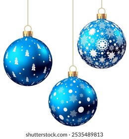 Blue  Christmas  ball  with pattern  isolated on white background. Xmas  tree decoration with ornament. Vector bauble set.