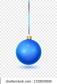 Blue Christmas ball with ribbon and bow. Realistic isolated vector. New year toy decoration. Holiday decoration element