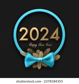 Blue Christmas ball with satin bow and golden fir twigs on dark background with 3d 2024 lettering. Vector new year illustration.