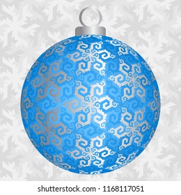 Blue christmas ball with silver snowflakes in techno style.