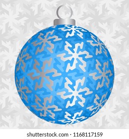 Blue christmas ball with silver snowflakes in techno style.