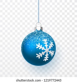 Blue Christmas ball with snow effect. Xmas glass ball on transparent background. Holiday decoration template. Vector illustration.