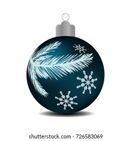 Blue Christmas ball with snowflakes  and with a branch of a tree isolated on white background. Vector illustration