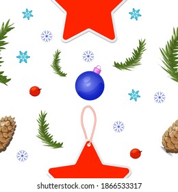 blue Christmas ball, snowflakes, spruce branches, red stars. On white background. Christmas and New year holiday concept. vector seamless pattern background