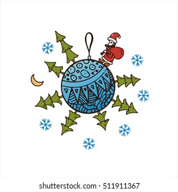 Blue Christmas ball with Christmas trees, Santa Claus, snowflakes and gifts. Vector logo for the cards and greetings on the 2017 New Year