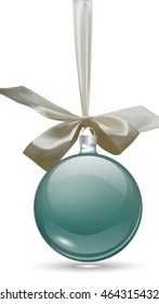Blue Christmas ball with a white ribbon on a white background. Template. Hanging New Year's toy on a ribbon. Vector illustration.